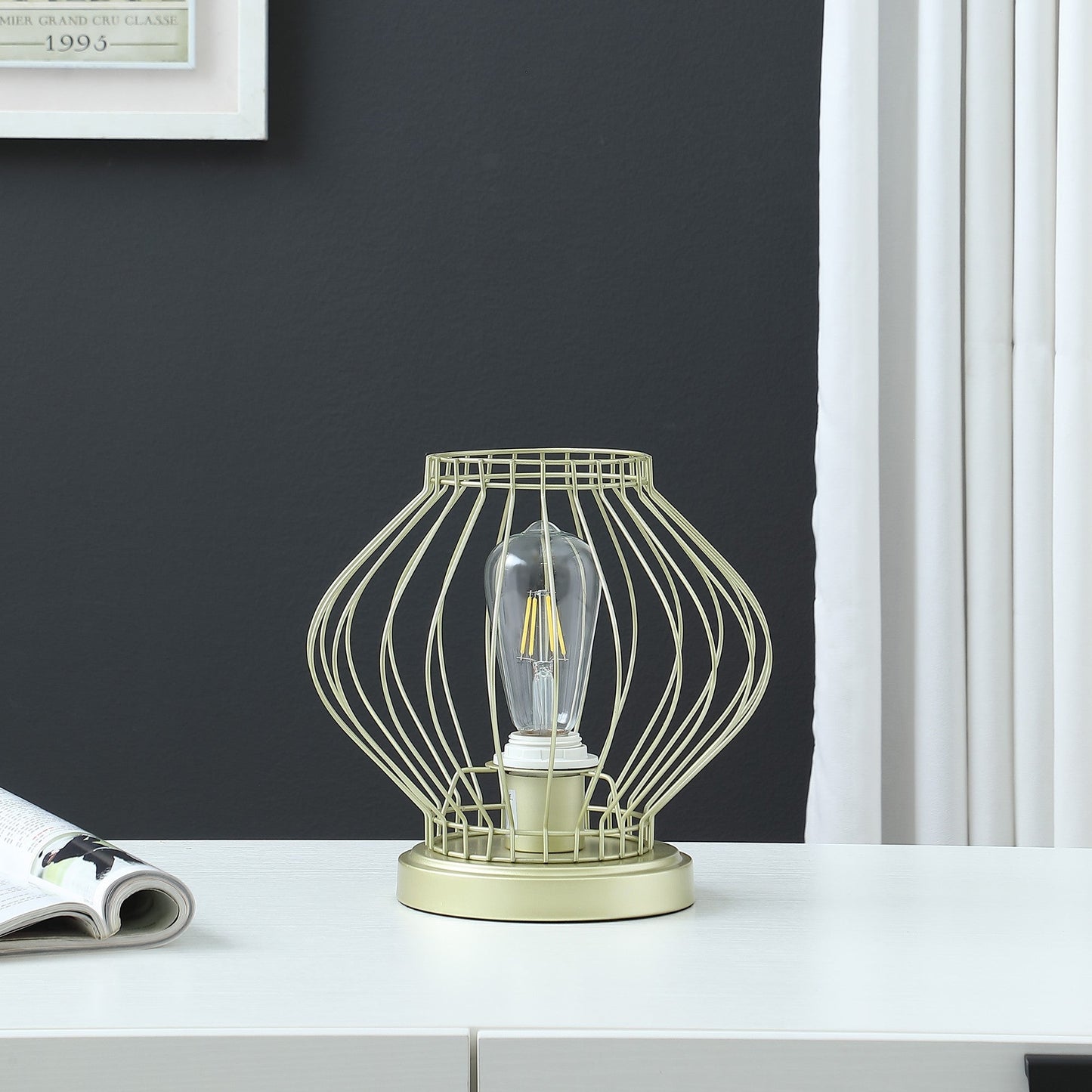 HomeRoots 10” Industrial Metal Open Cage Table Lamp in Gold Finish