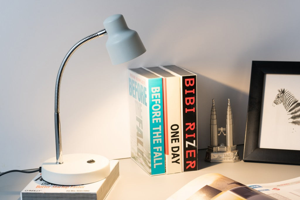 HomeRoots 13" Metal Gooseneck Desk Lamp in White and Silver Finish
