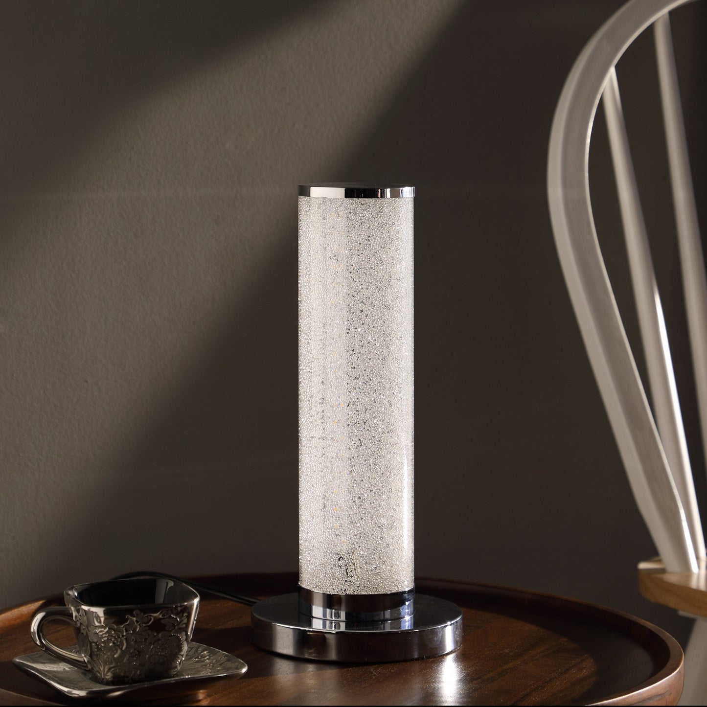 HomeRoots 13” Modern Sand Crystal And Steel Table Lamp With White Finish