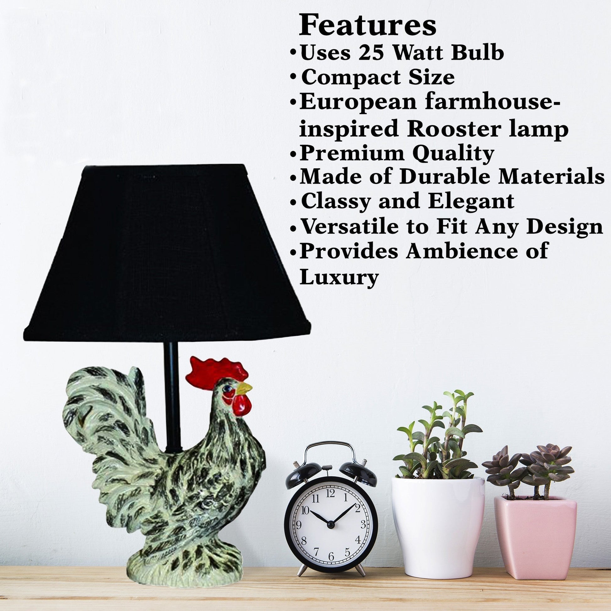 HomeRoots 13" Rustic Farmhouse Rooster Accent Lamp With Black Shade