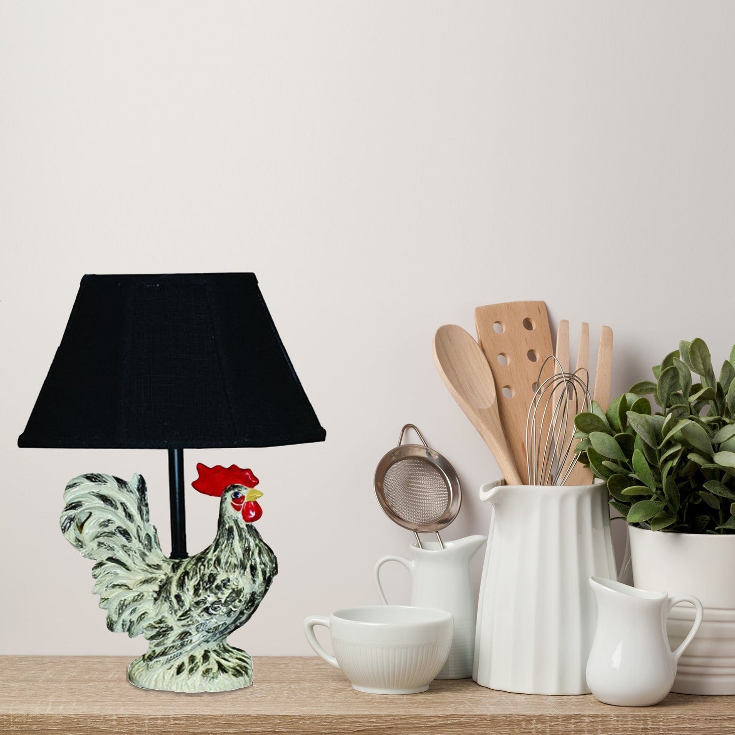 HomeRoots 13" Rustic Farmhouse Rooster Accent Lamp With Black Shade