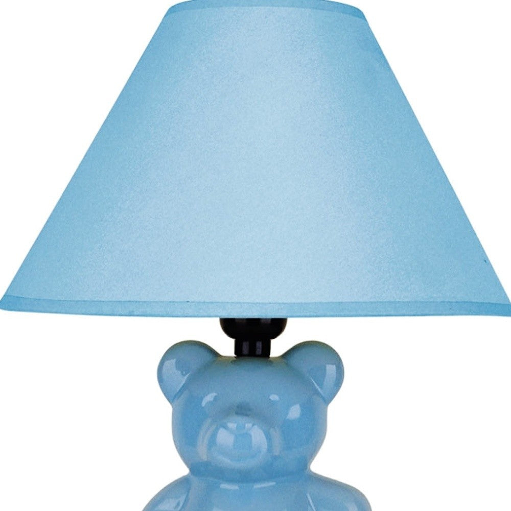 HomeRoots 13” Teddy Bear Ceramic Table Lamp With Linen Shade in Blue Finish
