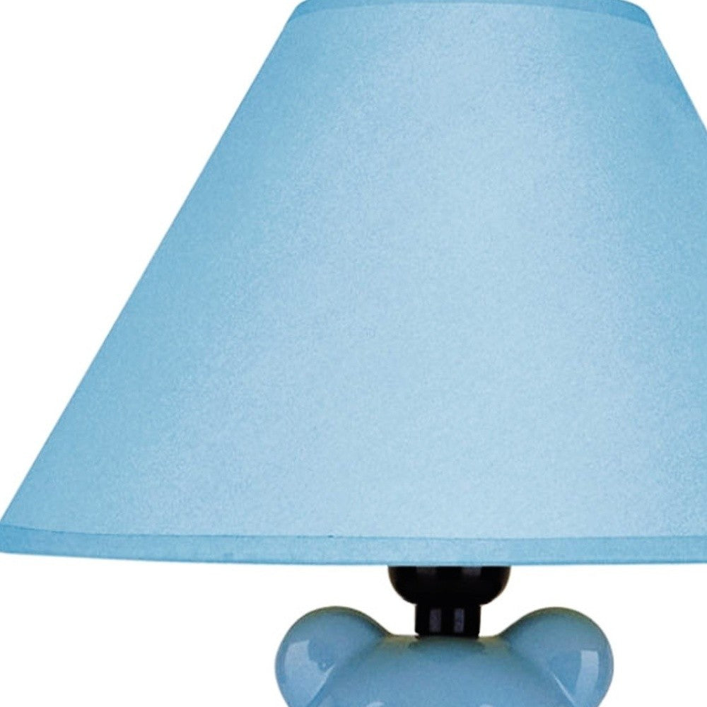 HomeRoots 13” Teddy Bear Ceramic Table Lamp With Linen Shade in Blue Finish