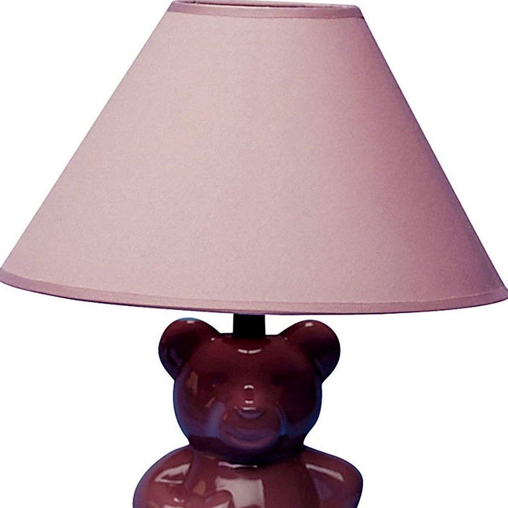 HomeRoots 13” Teddy Bear Ceramic Table Lamp With Linen Shade in Pink Finish