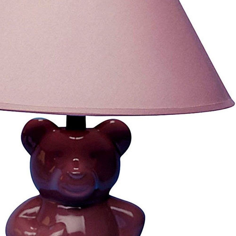 HomeRoots 13” Teddy Bear Ceramic Table Lamp With Linen Shade in Pink Finish