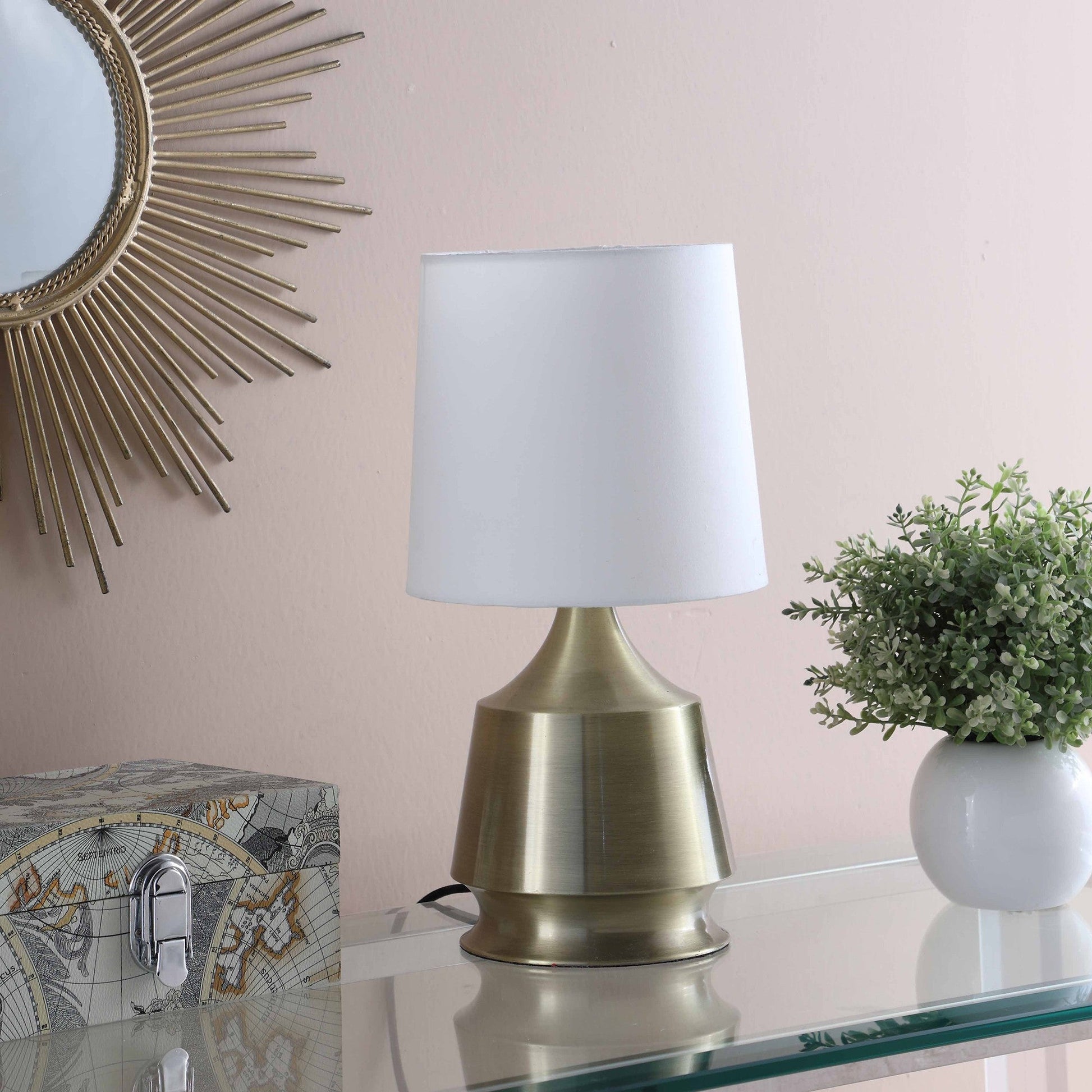 HomeRoots 14" Bedside Table Lamp With White Empire Shade in Brass Finish