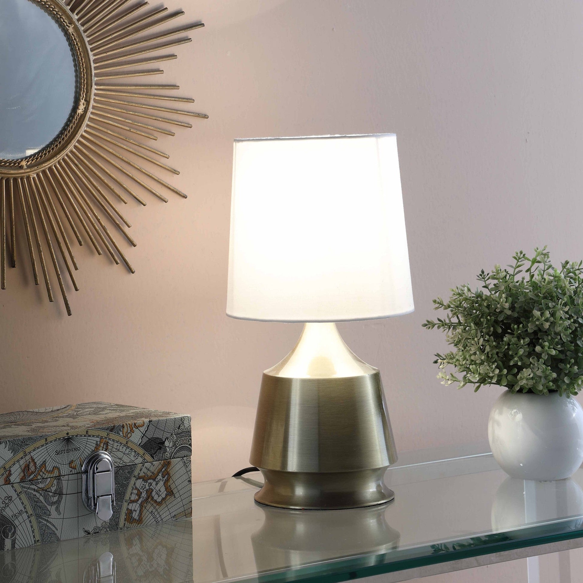 HomeRoots 14" Bedside Table Lamp With White Empire Shade in Brass Finish
