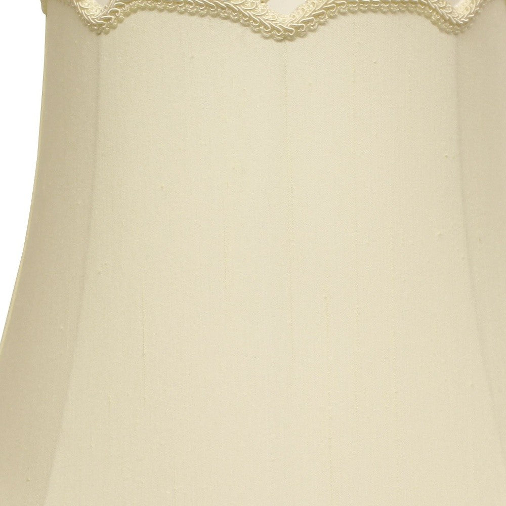 HomeRoots 14" Empire Slanted Cylinder Scroll Edge Silk Lampshade in Ivory Finish