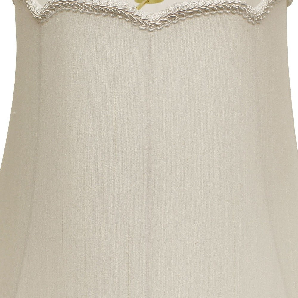 HomeRoots 14" Empire Slanted Cylinder Scroll Edge Silk Lampshade in White Finish