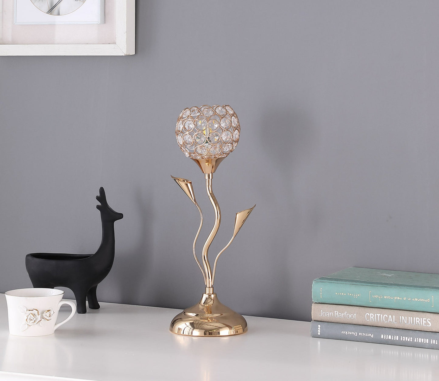 HomeRoots 14” Glam Rose Gold and Bling Flower Metal Table Lamp