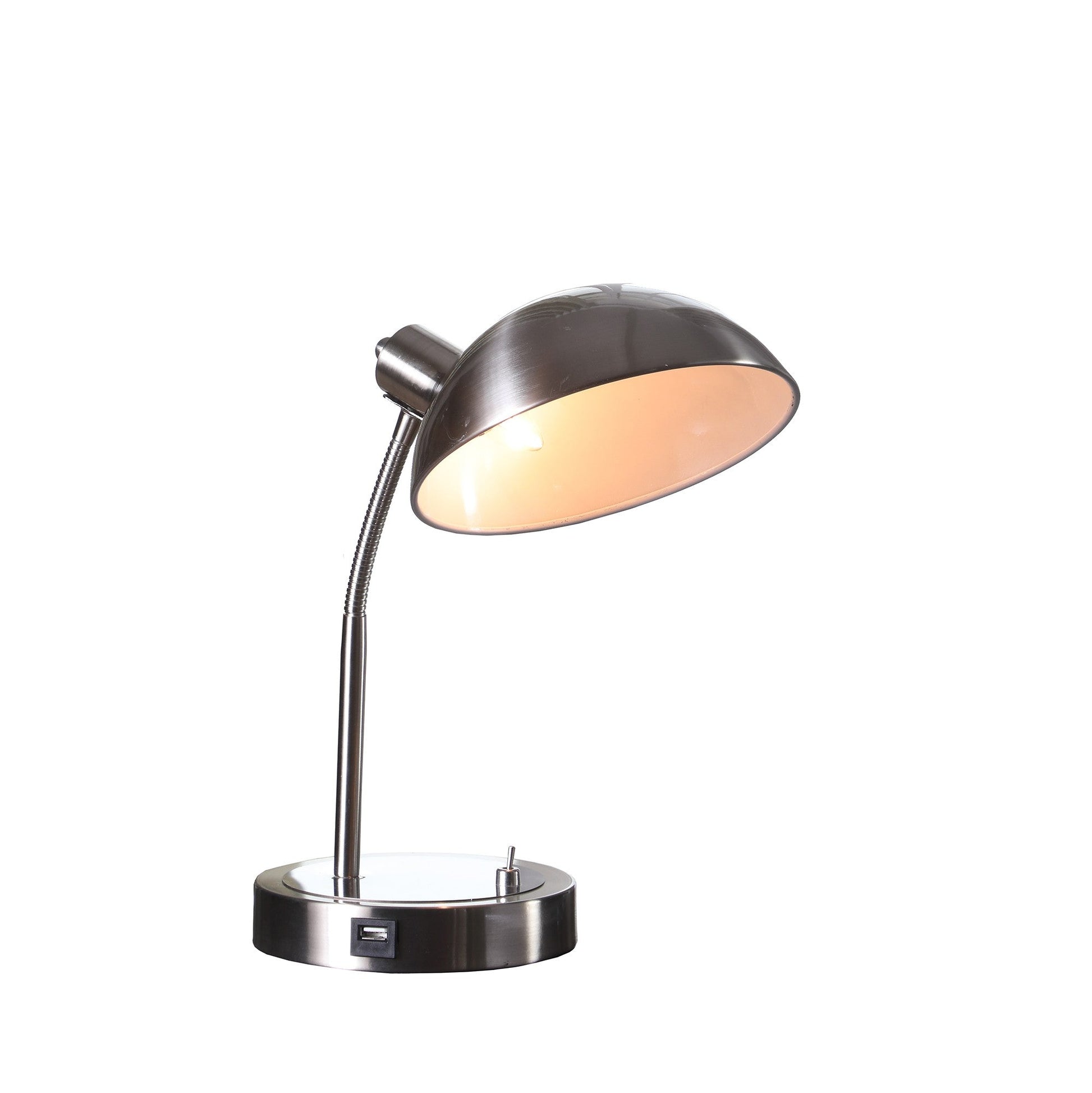 HomeRoots 14” Modern Adjustable Metal Desk Lamp With USB in Silver Finish