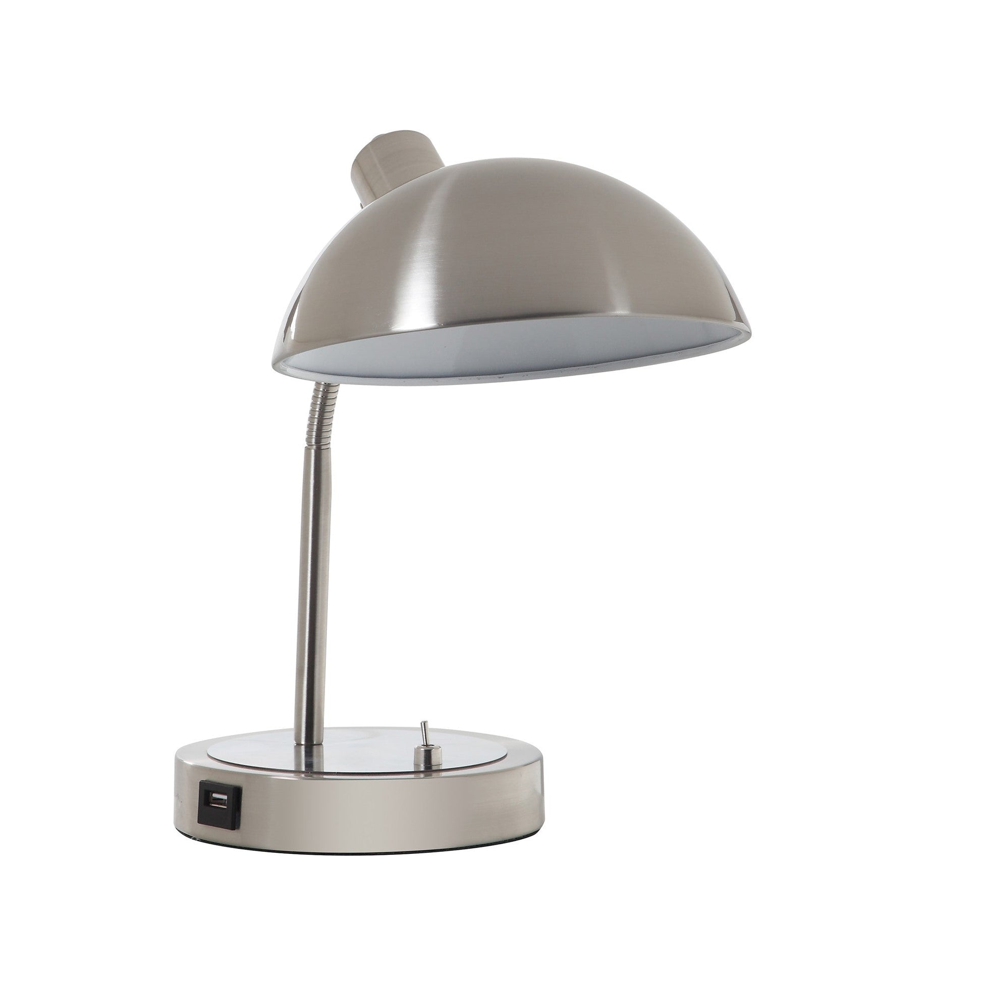 HomeRoots 14” Modern Adjustable Metal Desk Lamp With USB in Silver Finish