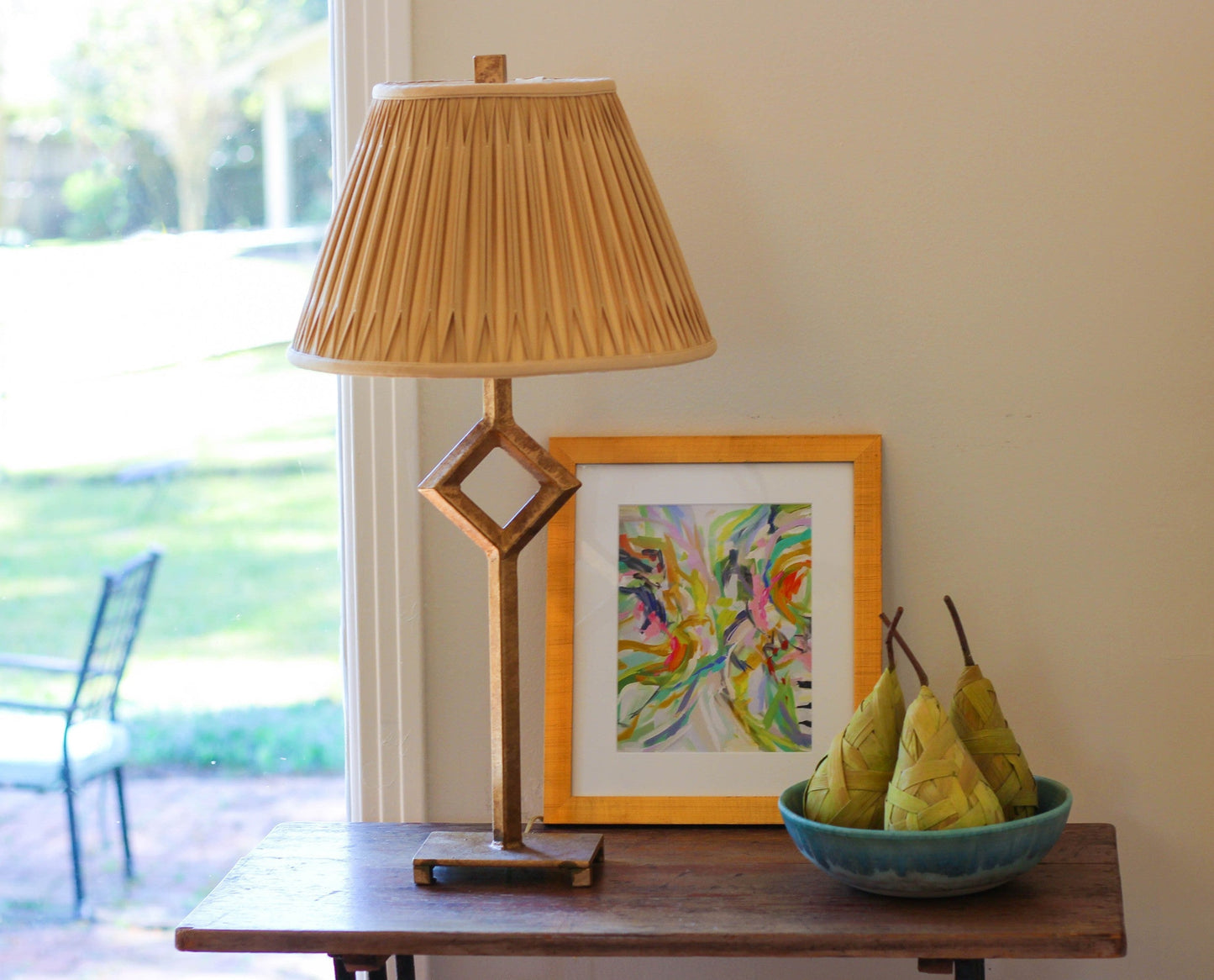 HomeRoots 14" Slanted Bell Smocked Paperback Shantung Lampshade in Vintage Gold Finish
