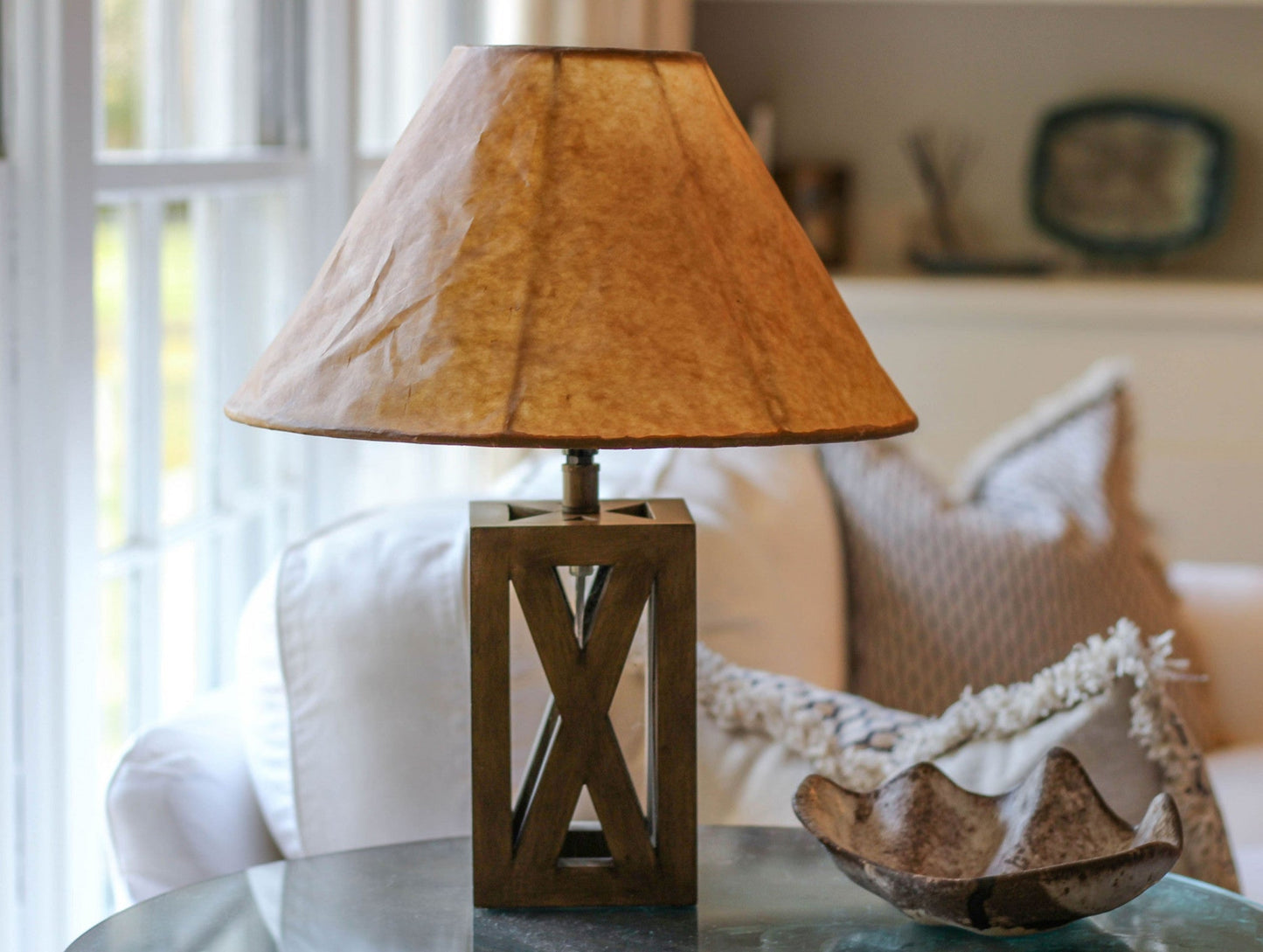 HomeRoots 14" Slanted Empire Crinkle Oil Paper Lampshade in Brown Finish
