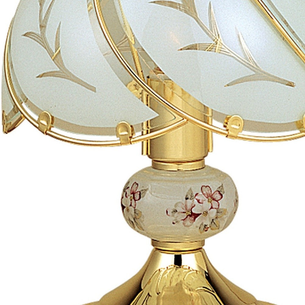 HomeRoots 14” Stylish Floral Glass Table Lamp in White and Gold Finish