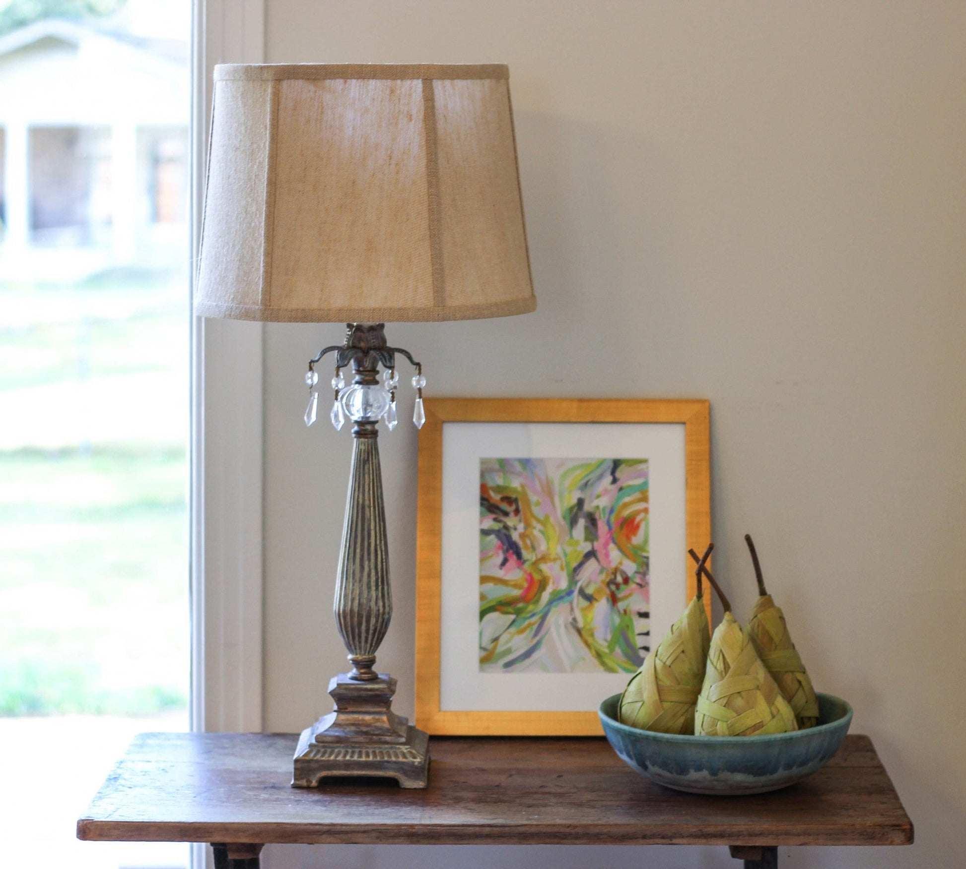 HomeRoots 15" Throwback Drum Burlap Lampshade With Golden Fiber Finish