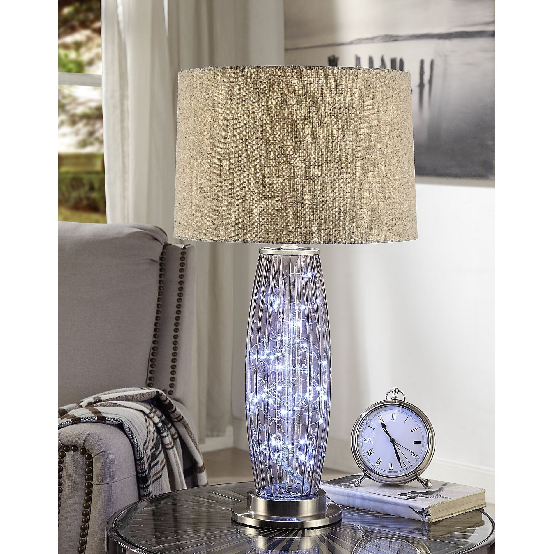 HomeRoots 15" x 15" x 28" Nickel Metal Table Lamp In Sand Finish