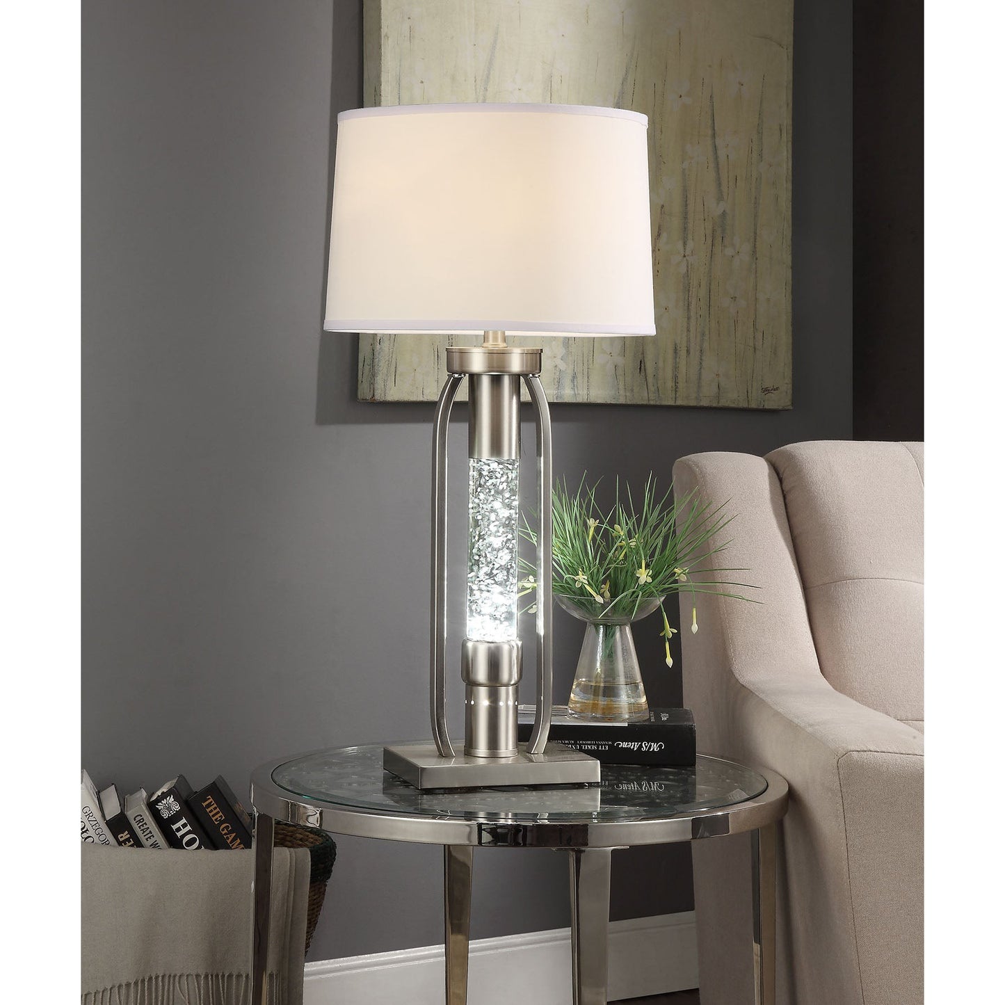 HomeRoots 15" x 15" x 31" Nickel Table Lamp In Sand Finish