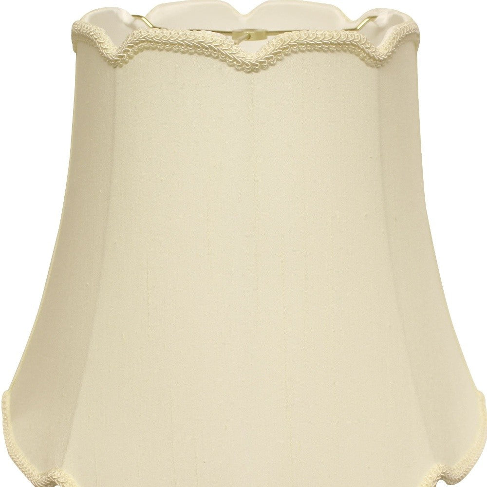HomeRoots 16" Empire Slanted Cylinder Scroll Edge Silk Lampshade in Ivory Finish