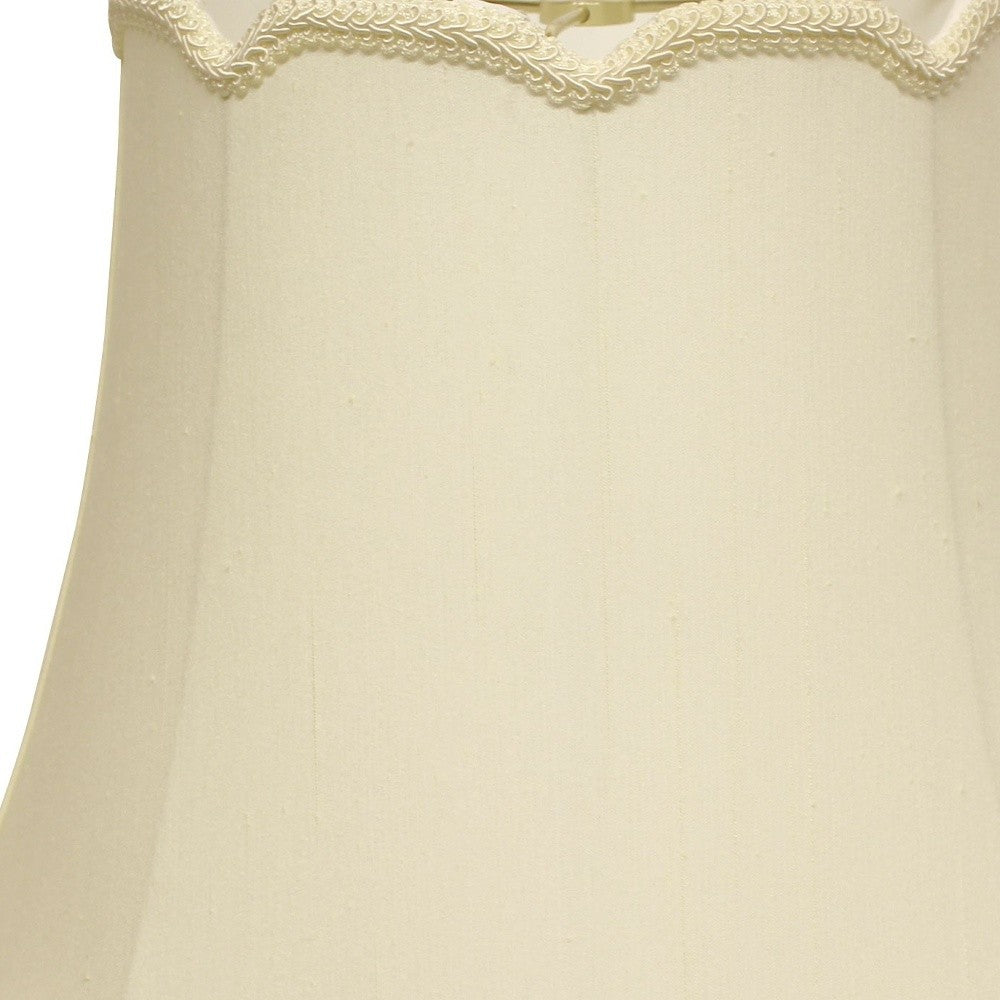 HomeRoots 16" Empire Slanted Cylinder Scroll Edge Silk Lampshade in Ivory Finish