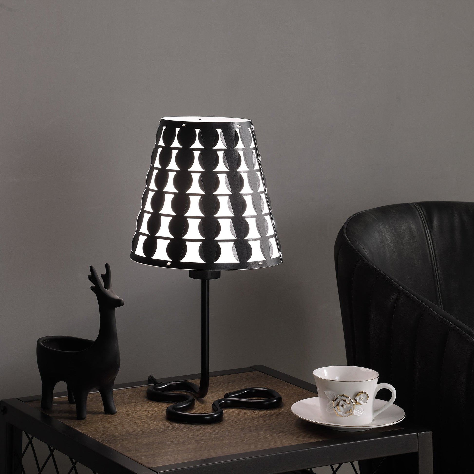 HomeRoots 16” Modern Metal Bedside Table Lamp in Black and White Finish