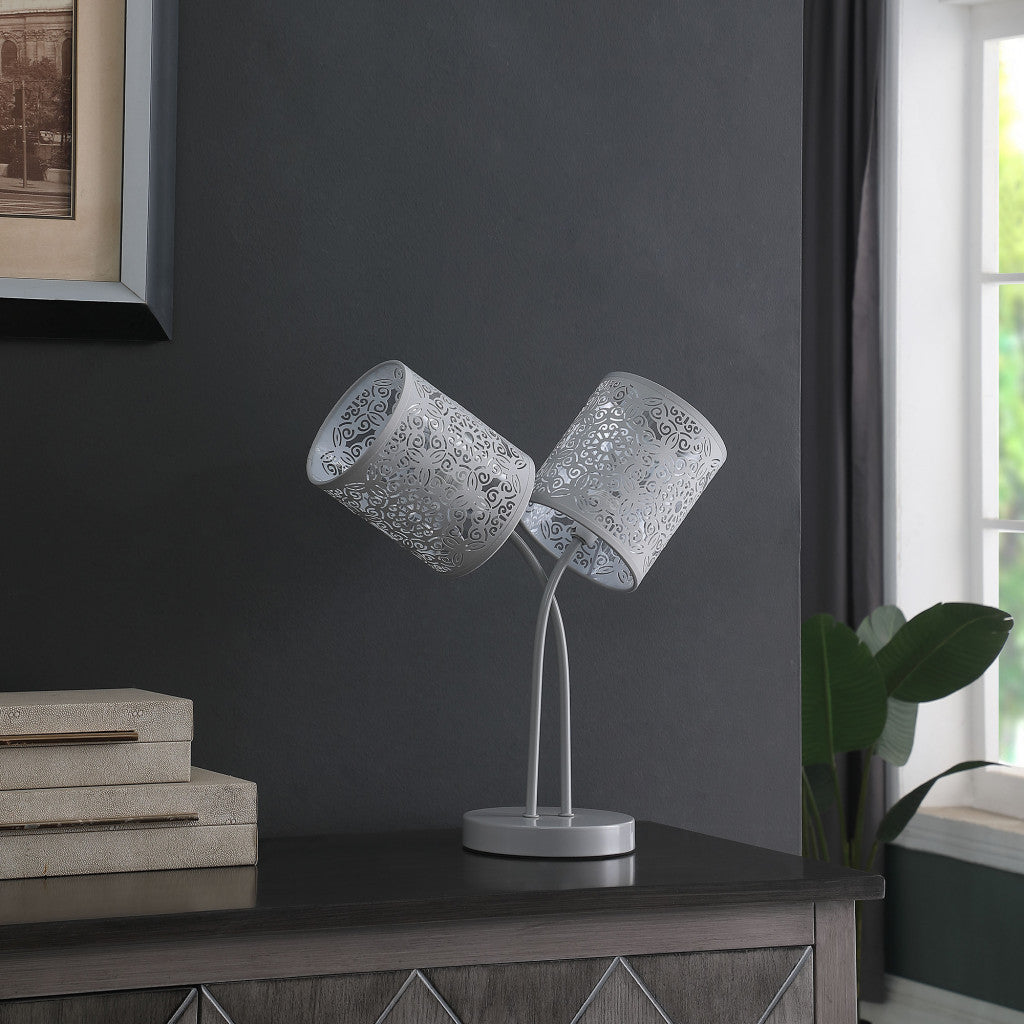 HomeRoots 17" Light Gray Metal Two Light Bedside Table Lamp With Light Gray Abstract Drum Shade