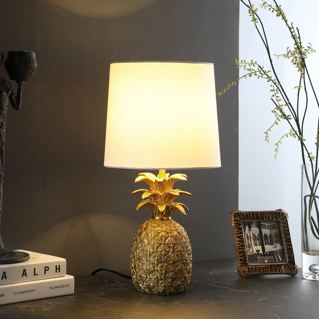 HomeRoots 17” Pineapple Table Lamp With White Empire Shade in Burnished Gold Finish