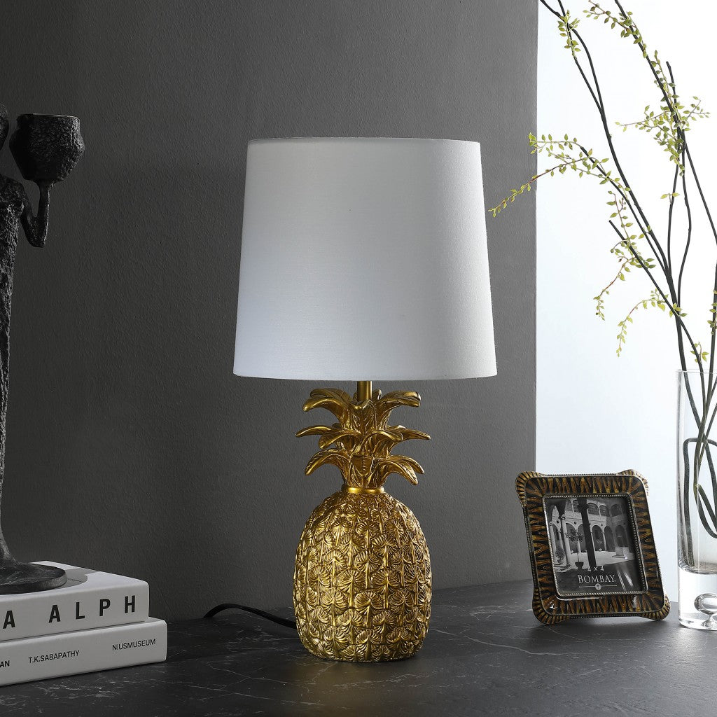 HomeRoots 17” Pineapple Table Lamp With White Empire Shade in Burnished Gold Finish