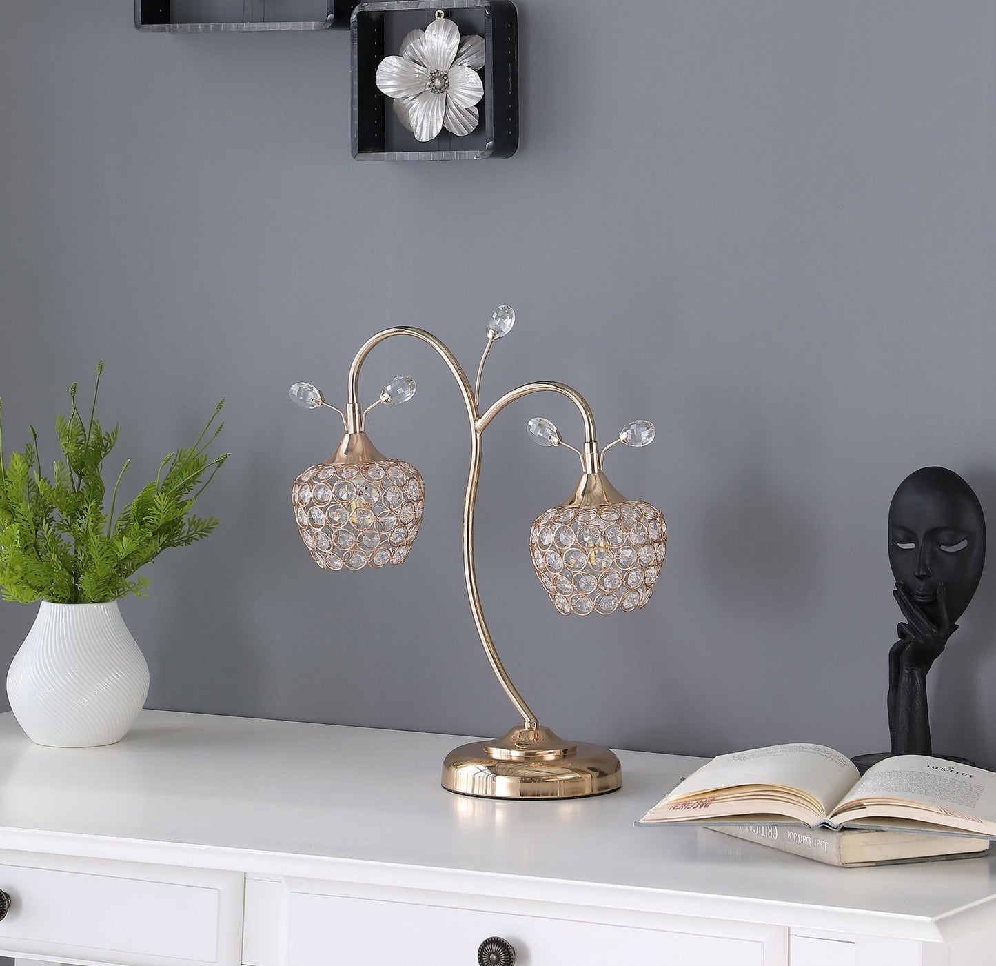 HomeRoots 17” Two Light Gold And Crystal Floral Metal Table Lamp