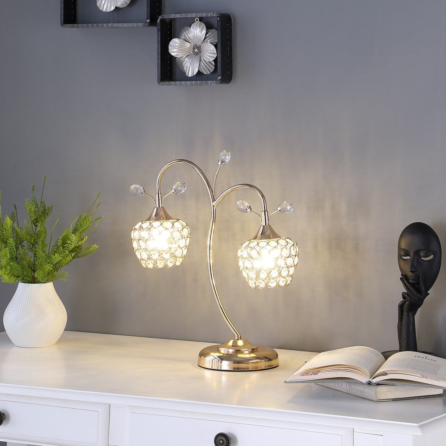 HomeRoots 17” Two Light Gold And Crystal Floral Metal Table Lamp