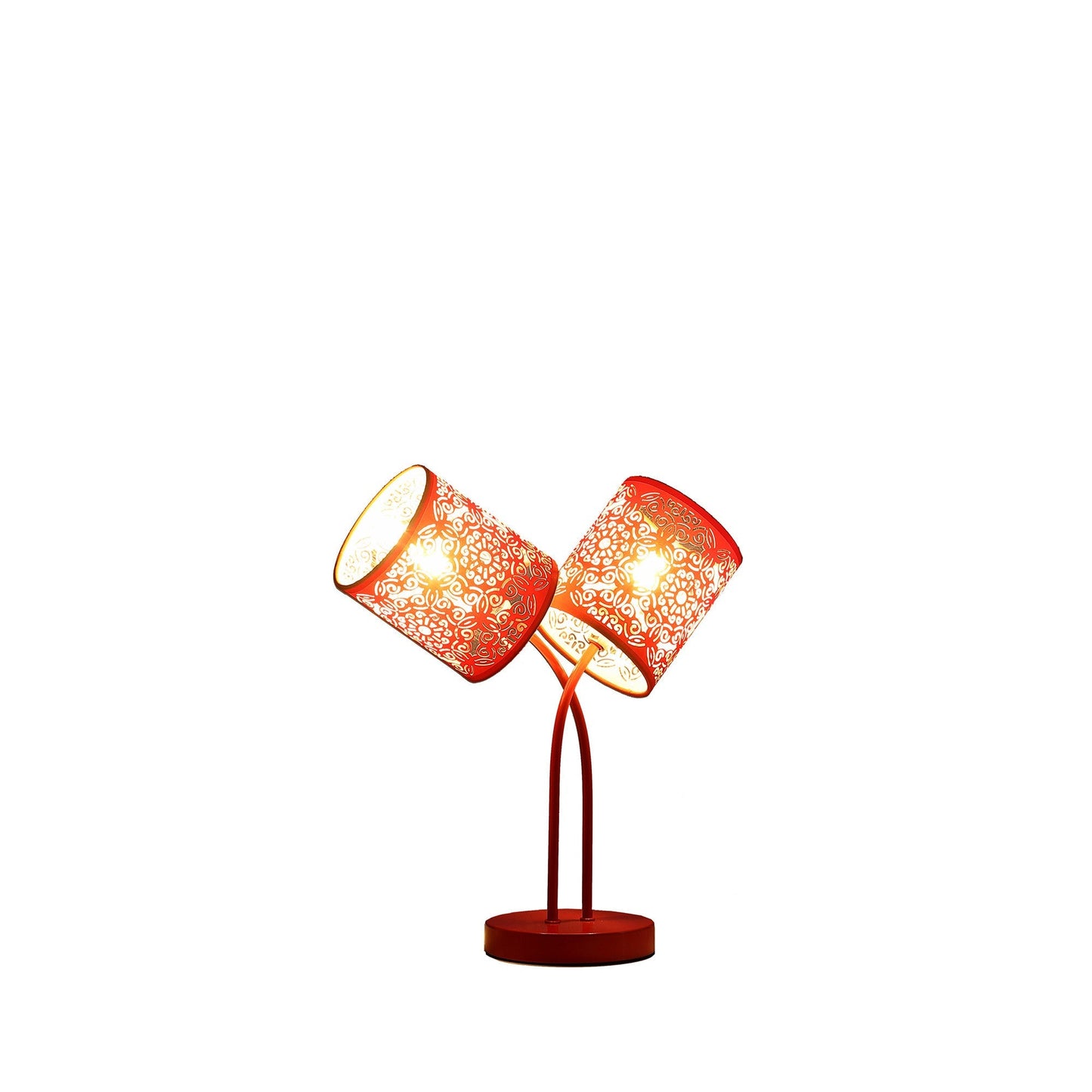 HomeRoots 17" Two Light Table Lamp With Red Abstract Drum Shade in Red Metal Finish