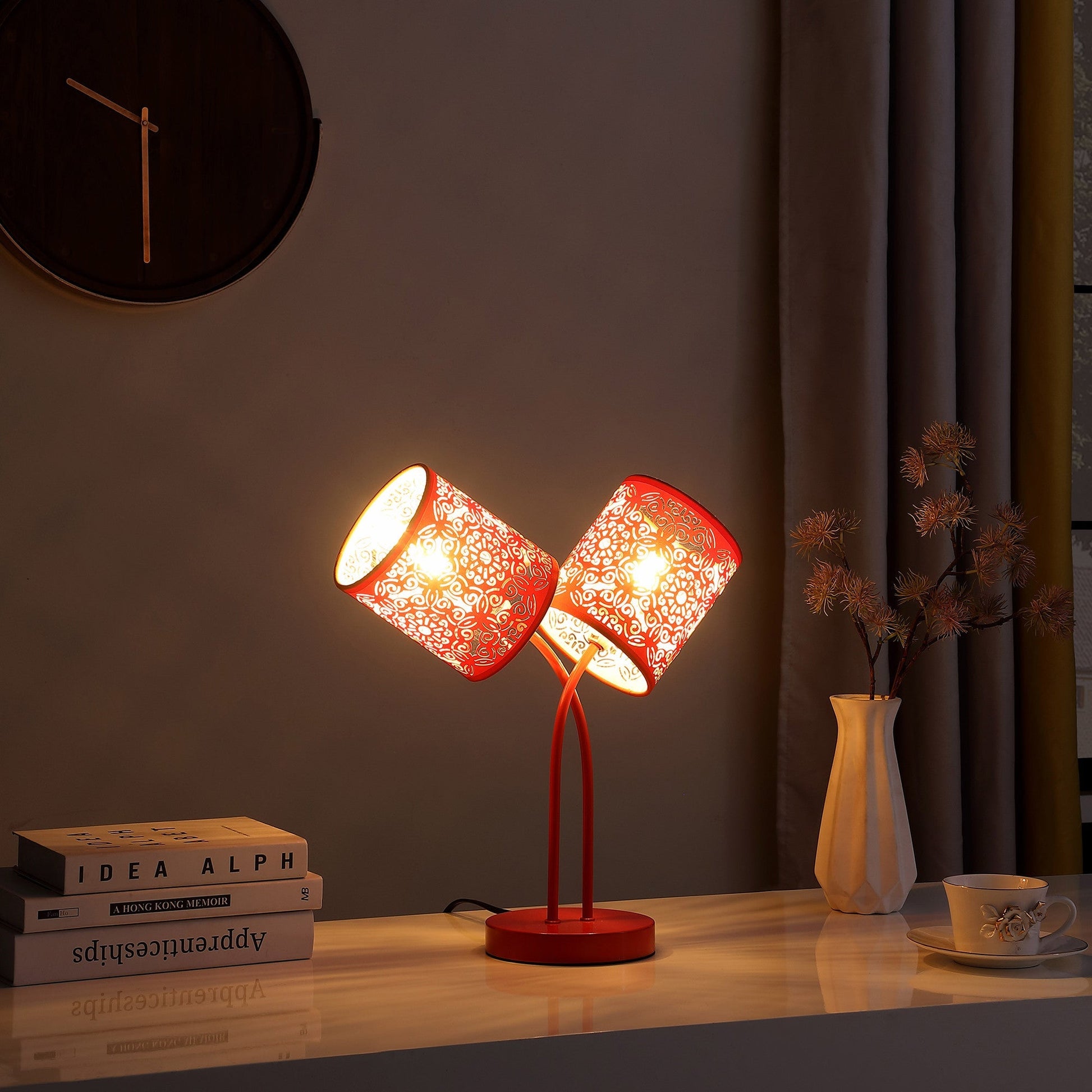 HomeRoots 17" Two Light Table Lamp With Red Abstract Drum Shade in Red Metal Finish