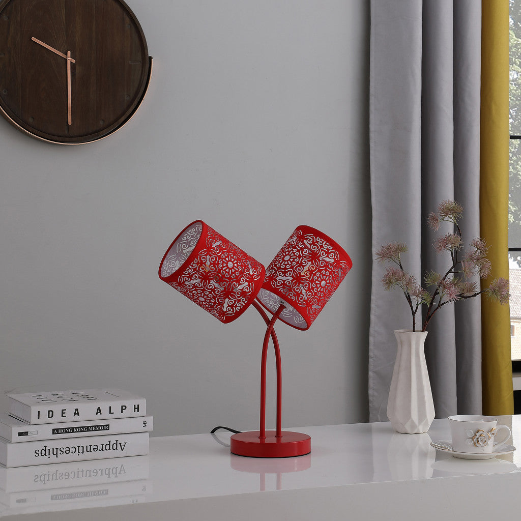 HomeRoots 17" Two Light Table Lamp With Red Abstract Drum Shade in Red Metal Finish