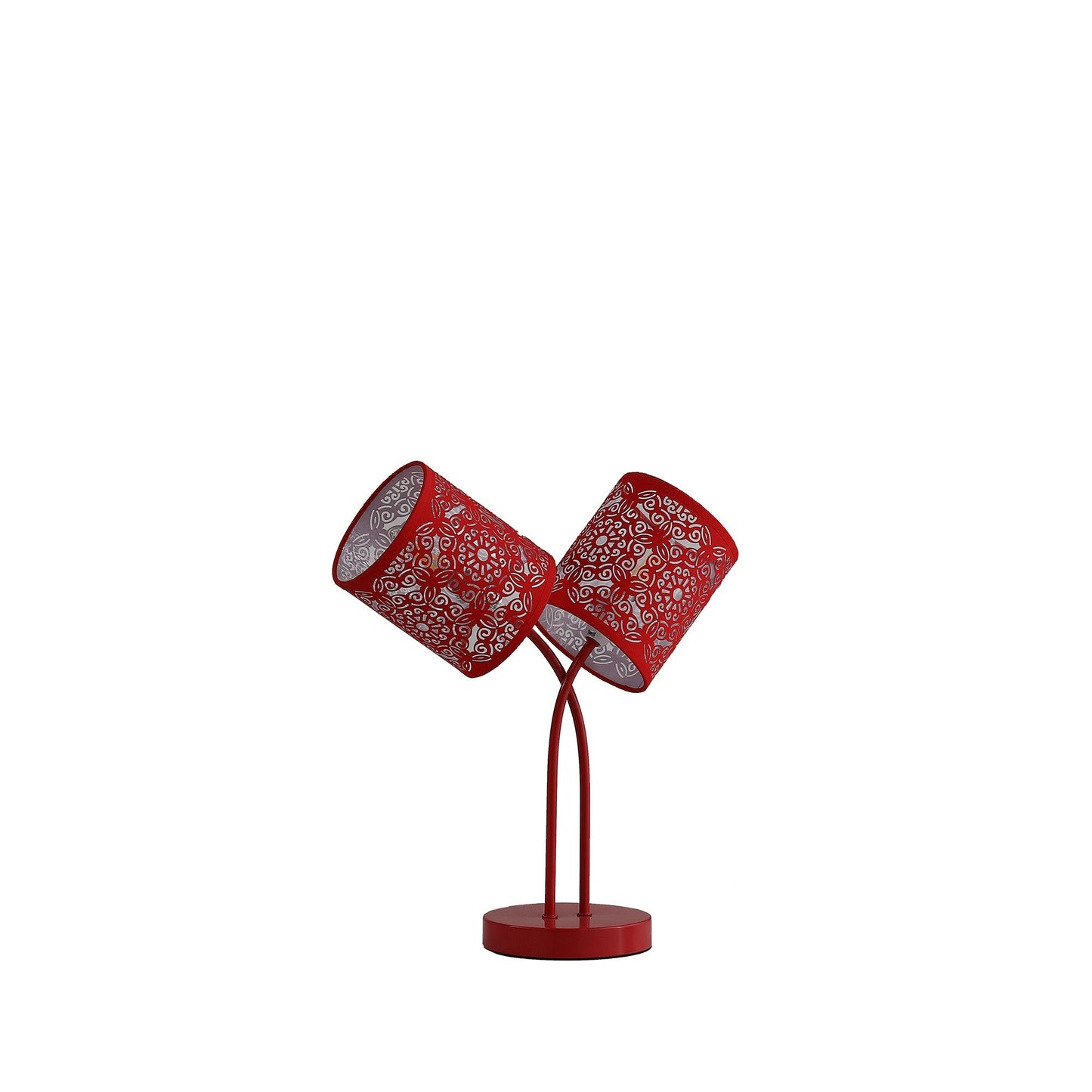 HomeRoots 17" Two Light Table Lamp With Red Abstract Drum Shade in Red Metal Finish