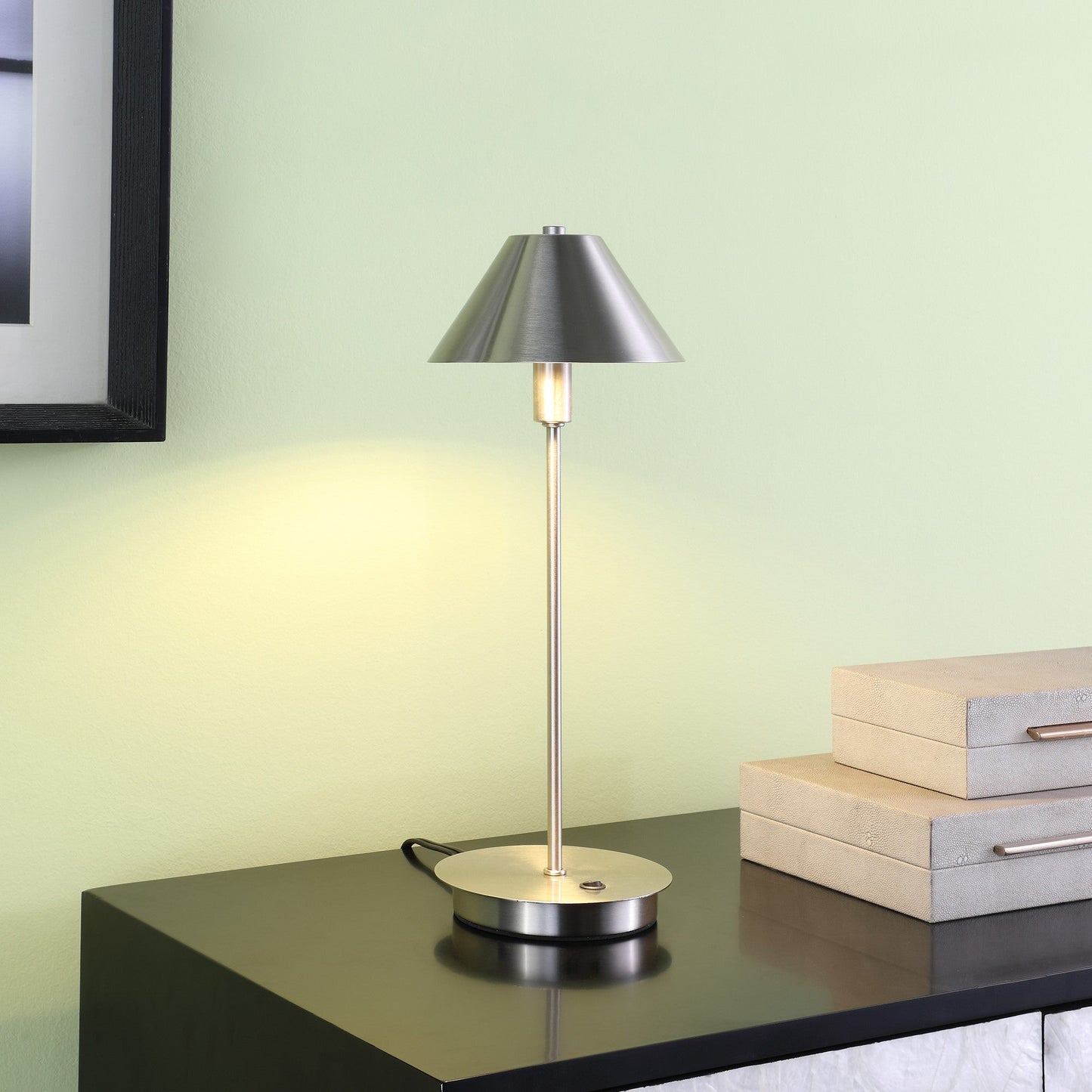HomeRoots 18” Industrial Bedside Table Lamp With Cone Shade in Brushed Silver Finish