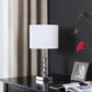 HomeRoots 18” Modern Crystal Quatro Orb And Silver Metal Table Lamp With White Finish