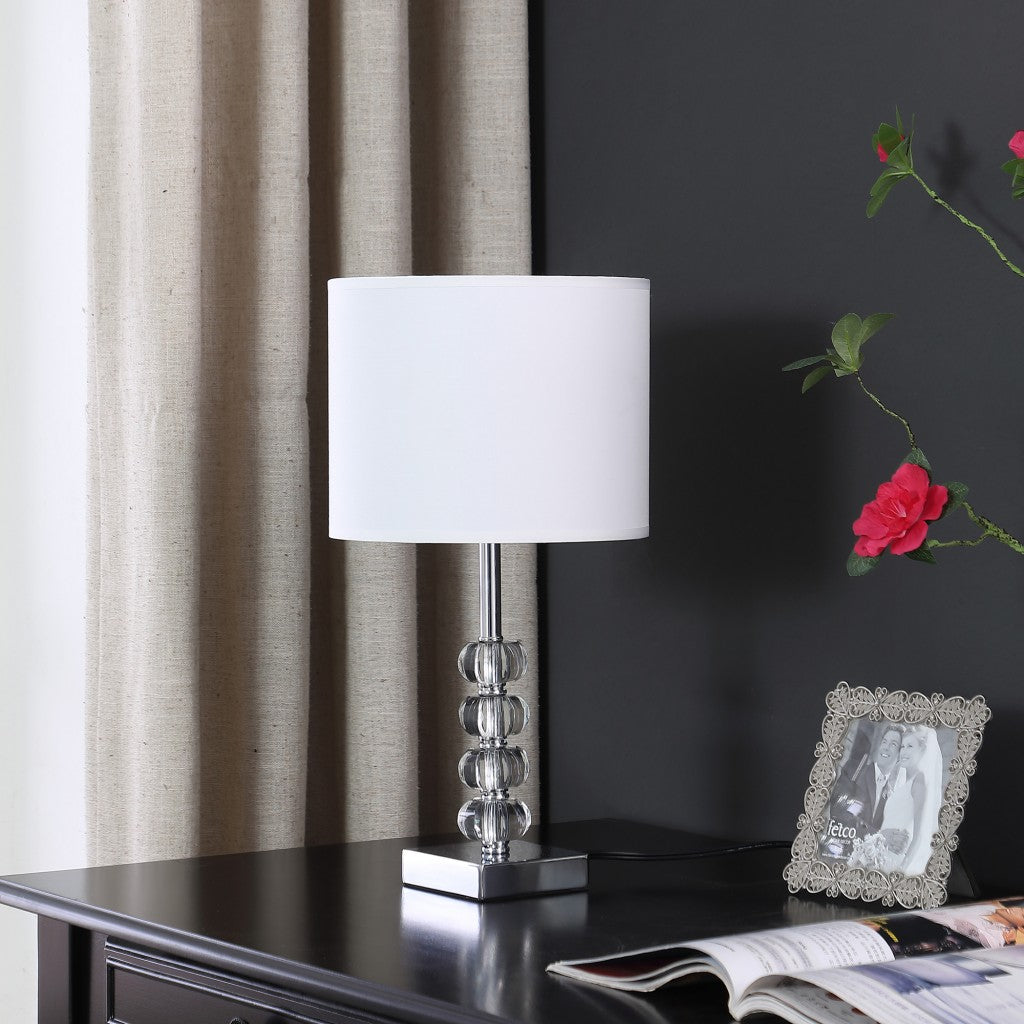 HomeRoots 18” Modern Crystal Quatro Orb And Silver Metal Table Lamp With White Finish