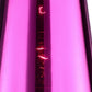 HomeRoots 18" Purple Glass Bedside Table Lamp With Red Plastic Shade