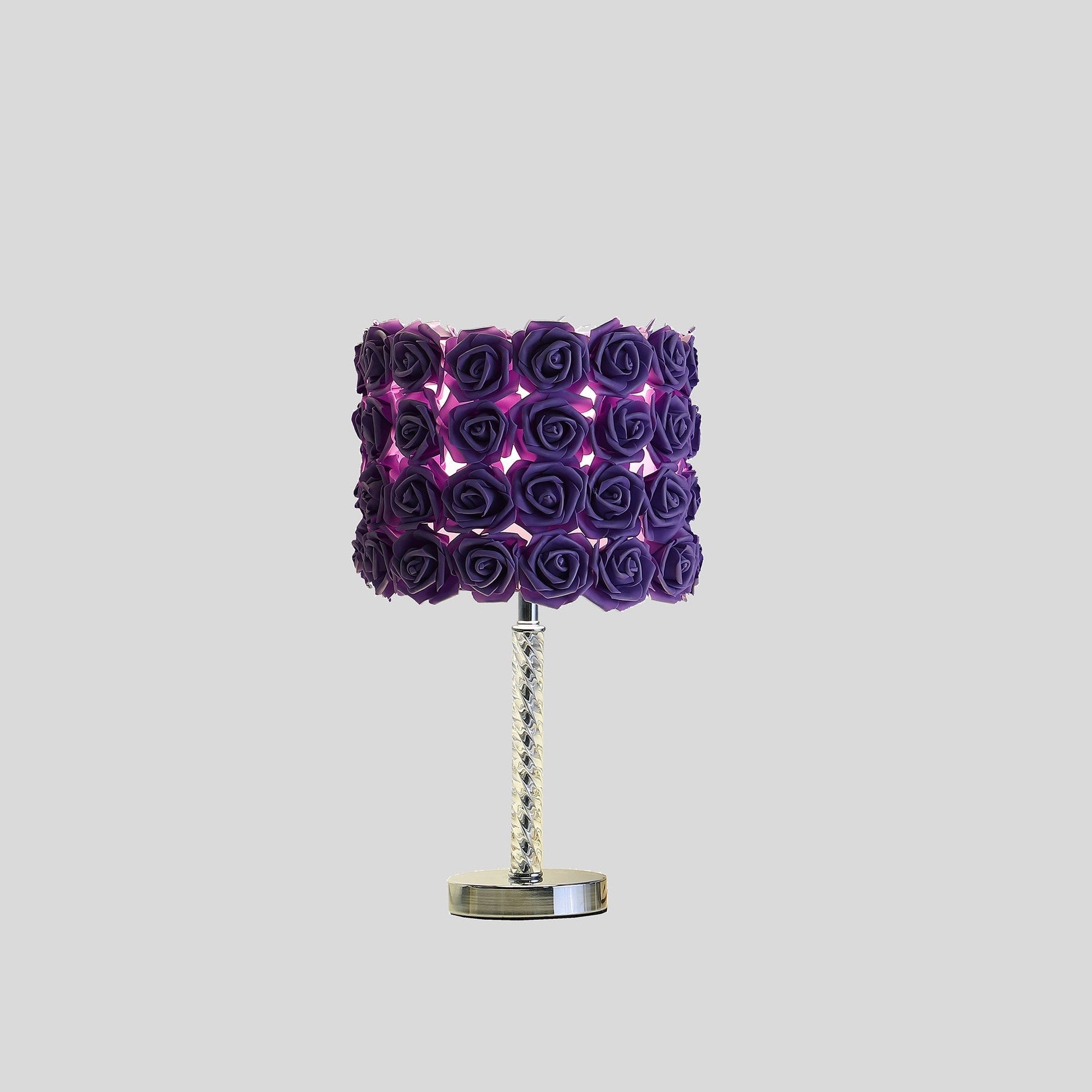 HomeRoots 18" Silver Bedside Table Lamp With Purple Flowers Drum Shade