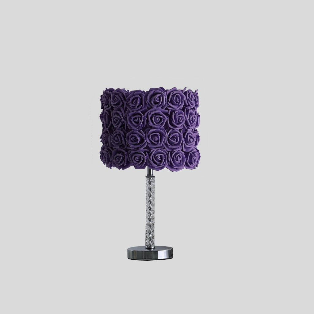 HomeRoots 18" Silver Bedside Table Lamp With Purple Flowers Drum Shade