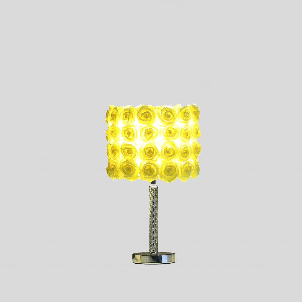 HomeRoots 18" Silver Bedside Table Lamp With Yellow Flowers Drum Shade