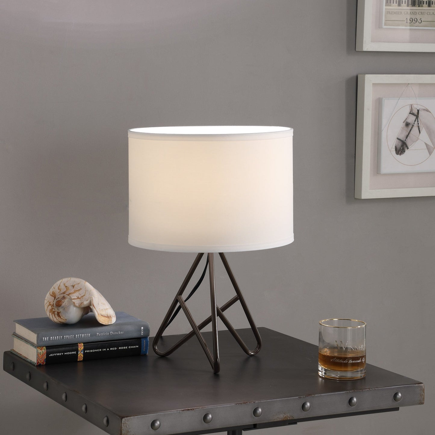 HomeRoots 18” Tripod Metal Table Lamp With White Shade and Espresso Finish