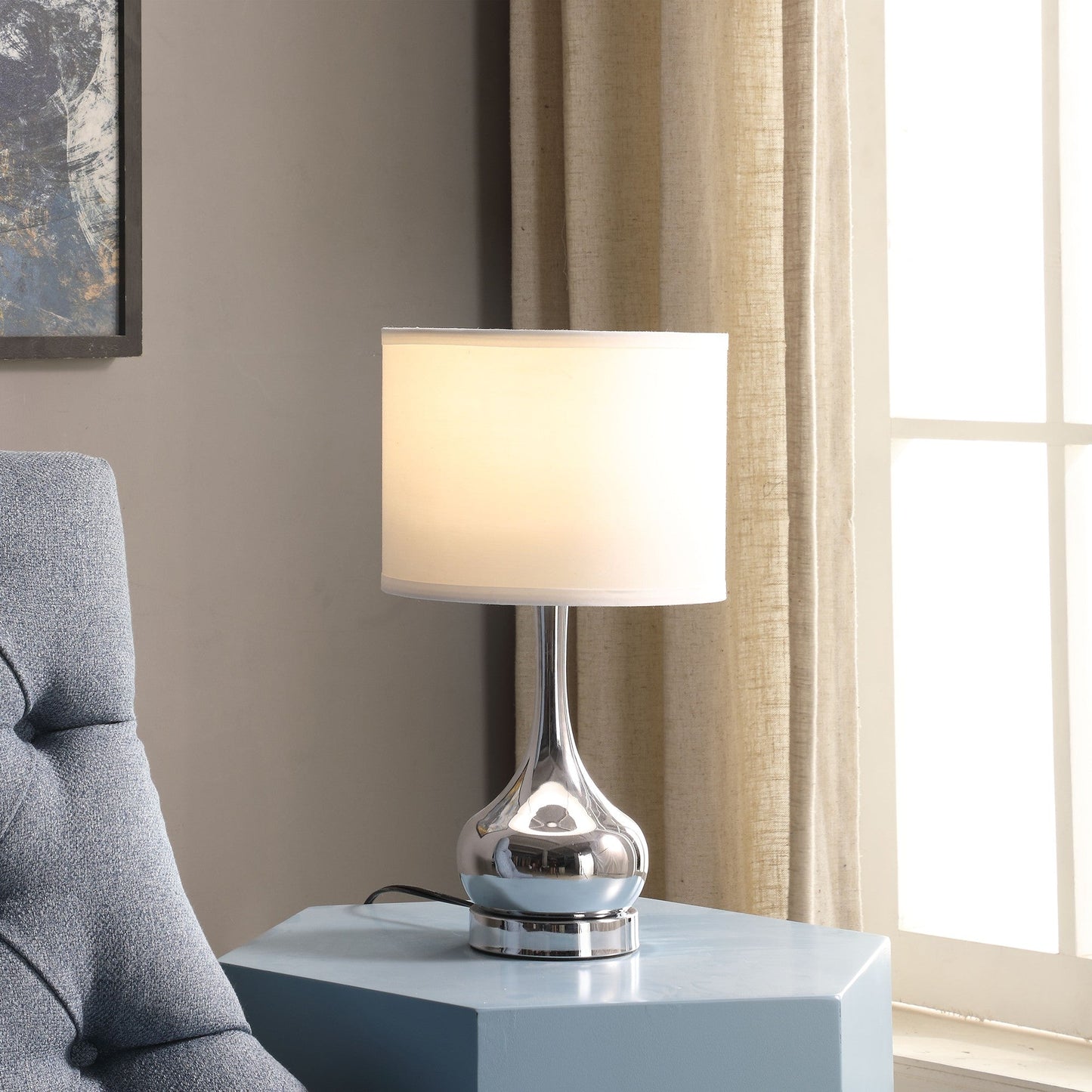 HomeRoots 19" Bedside Table Lamp With White Drum Shade in Silver Finish