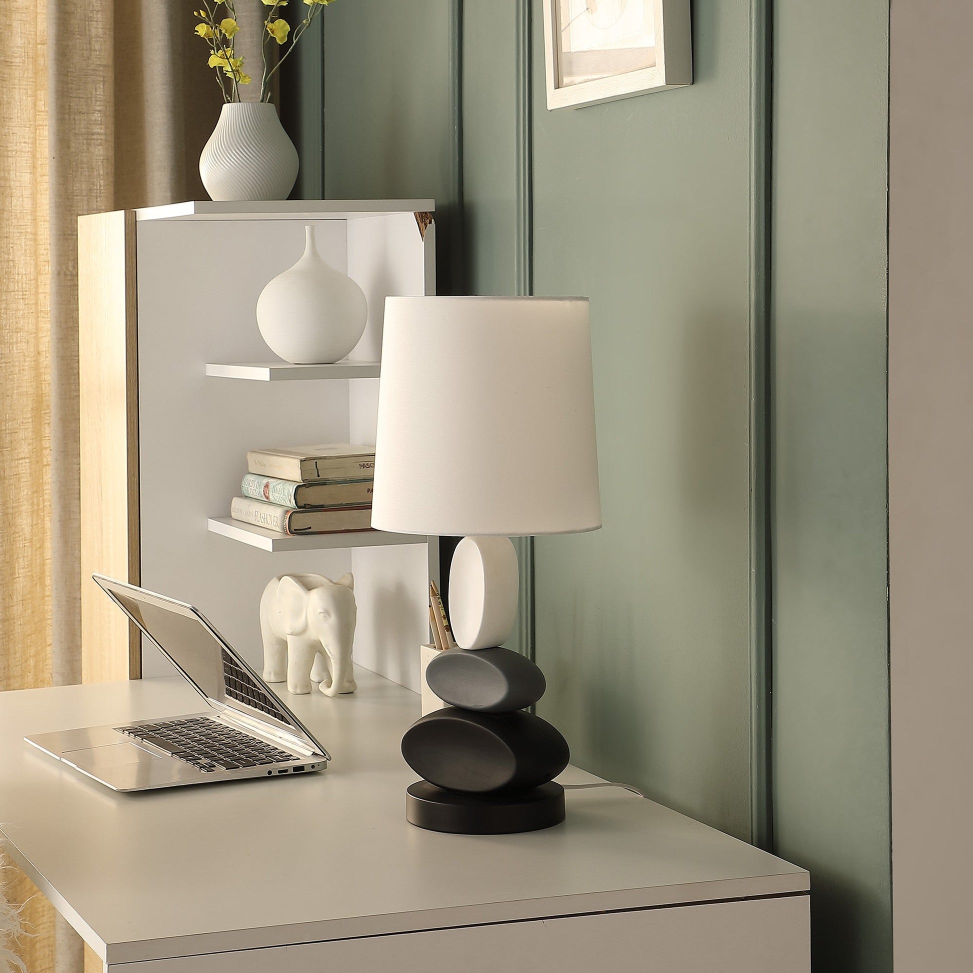 HomeRoots 19” Geo Stone Stack Metal Table With White Empire Shade