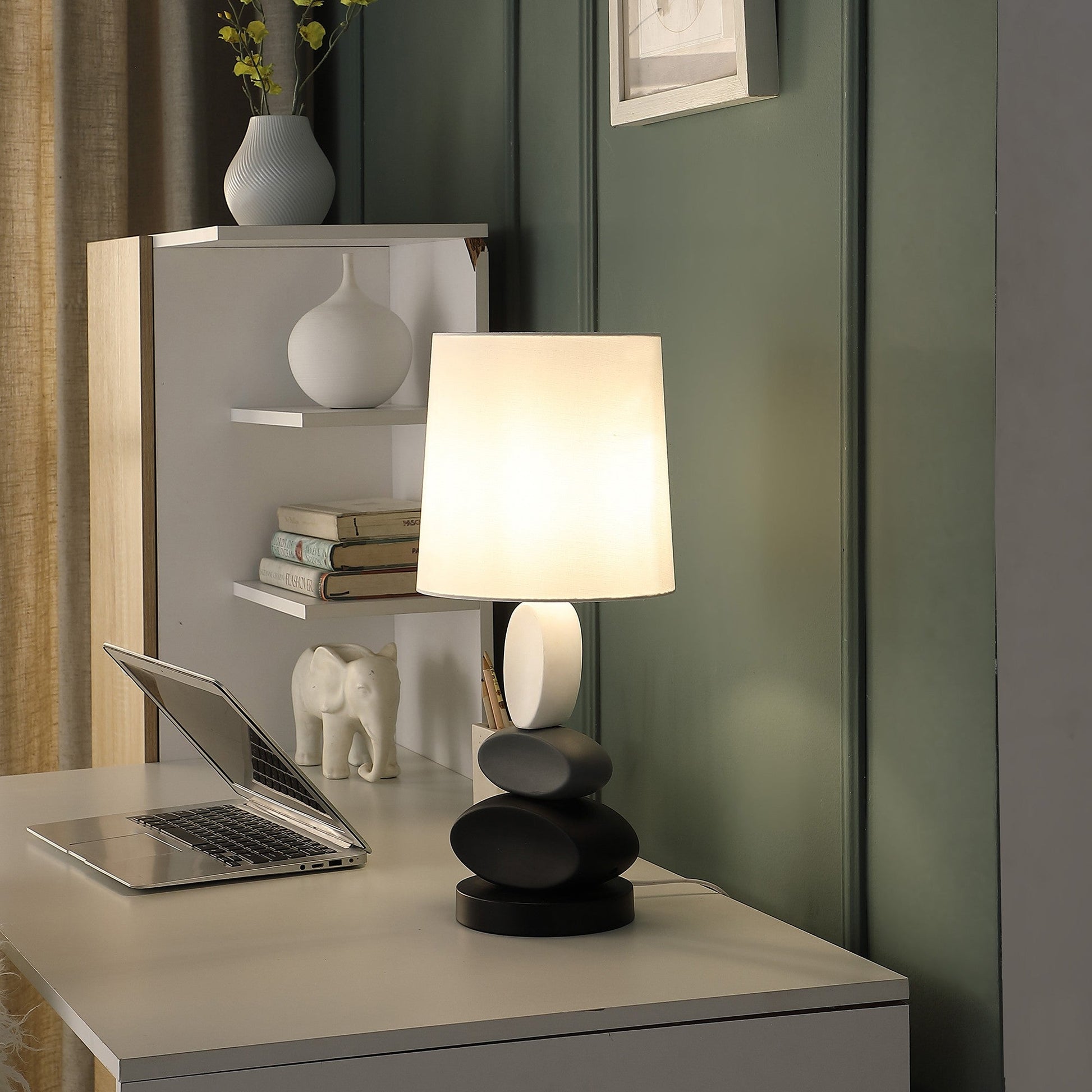 HomeRoots 19” Geo Stone Stack Metal Table With White Empire Shade