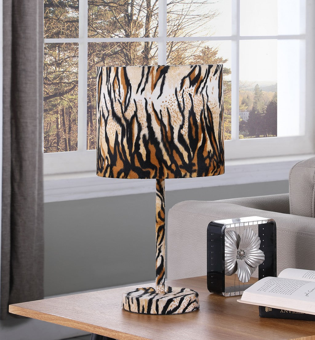 HomeRoots 19” Modern Faux Tiger Print Suede Table Lamp in Brown and Black Finish