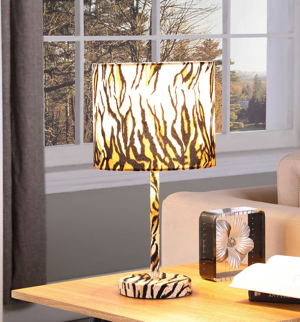 HomeRoots 19” Modern Faux Tiger Print Suede Table Lamp in Brown and Black Finish