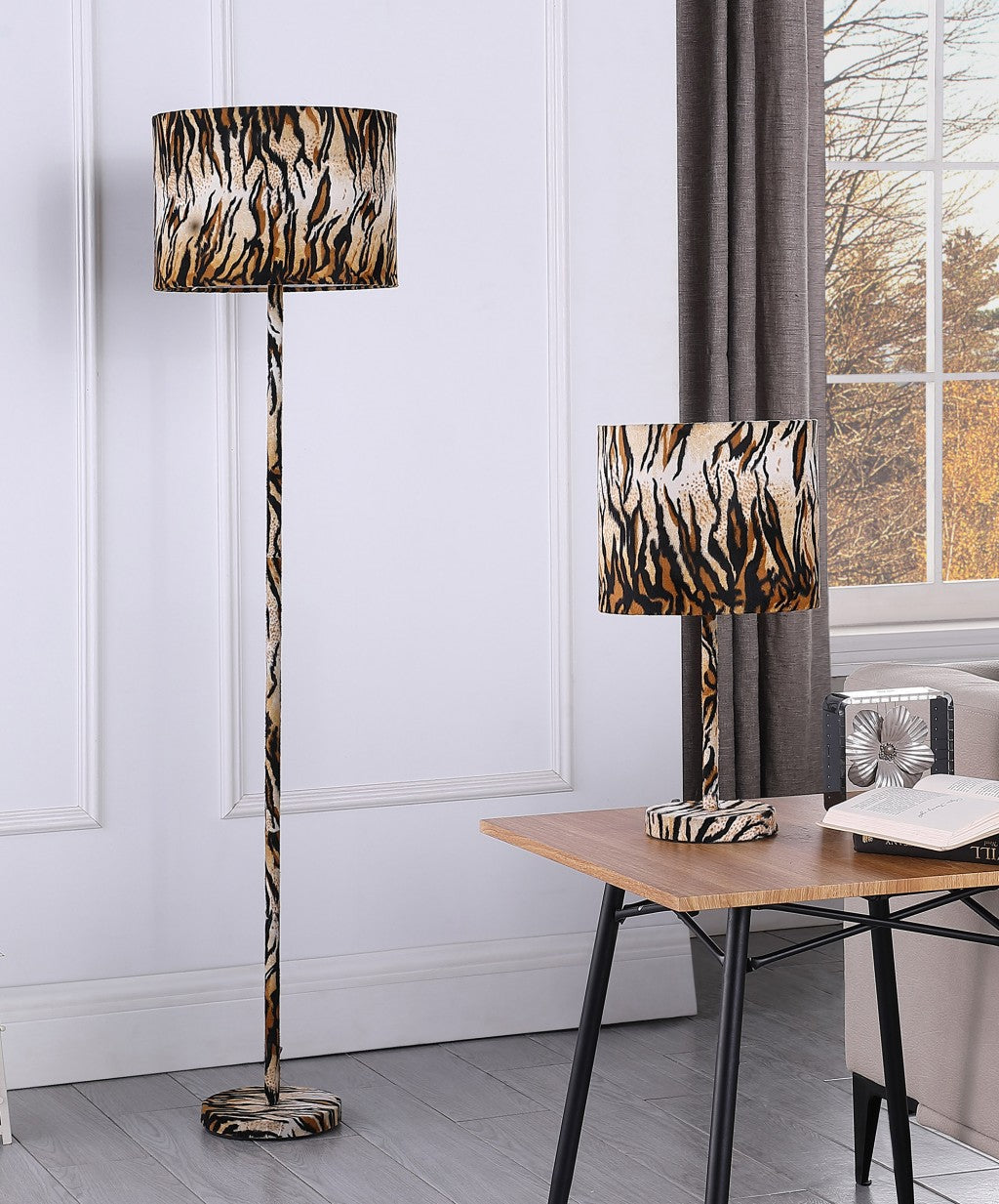 HomeRoots 19” Modern Faux Tiger Print Suede Table Lamp in Brown and Black Finish