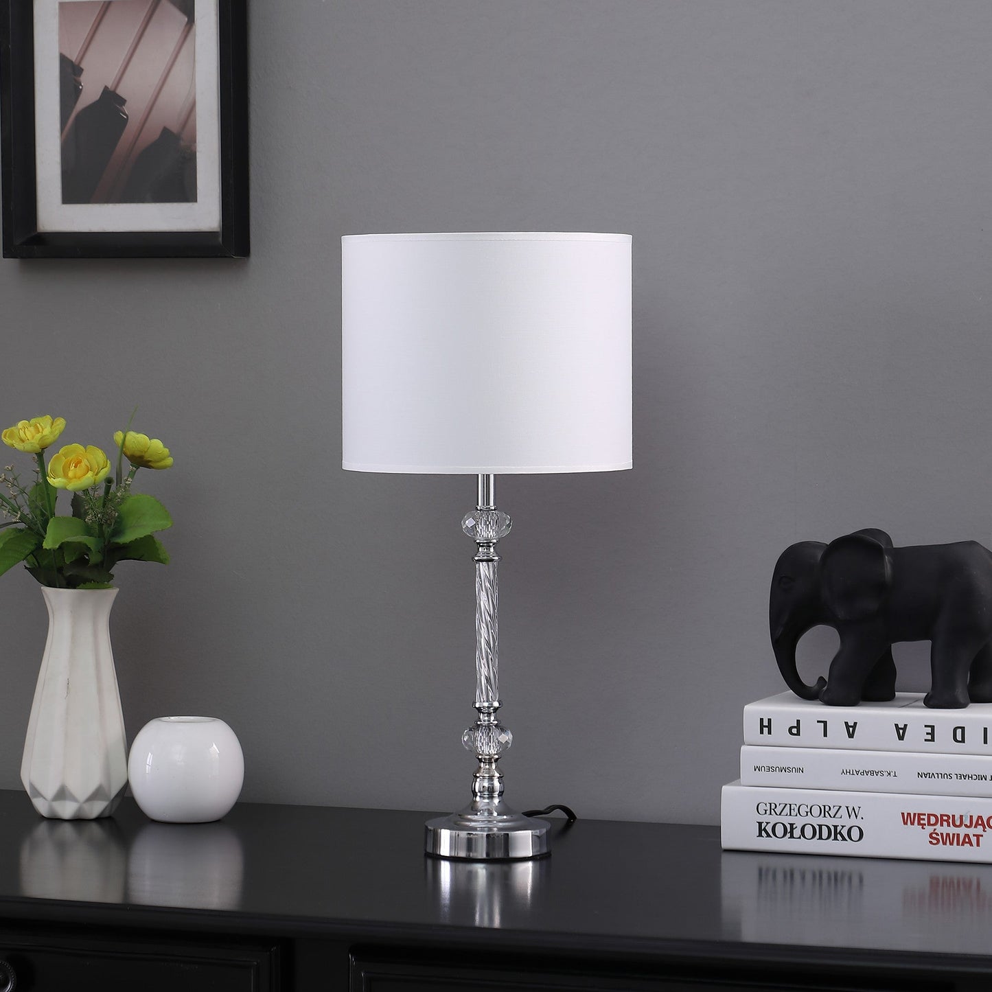 HomeRoots 19” Stylish Silver Crystal Metal Table Lamp With White Shade