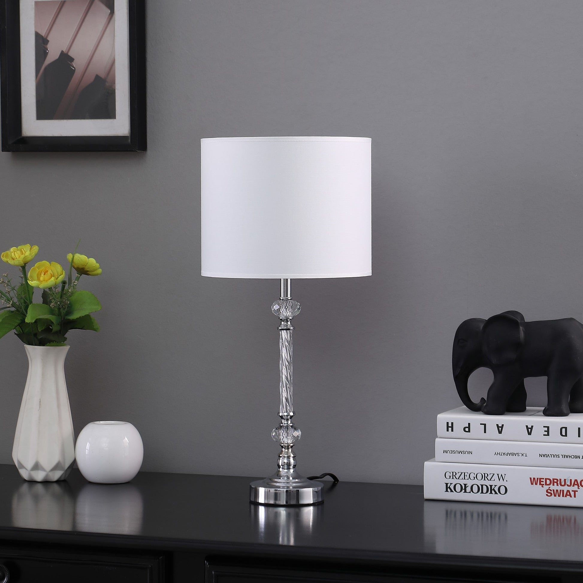HomeRoots 19” Stylish Silver Crystal Metal Table Lamp With White Shade